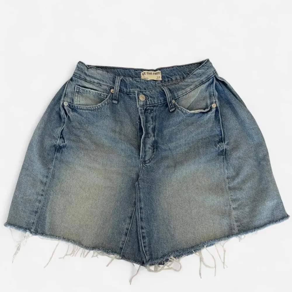 We The Free Boomerang High Rise Long Denim Shorts Distressed Size 27